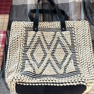 NWT Navy and cream embroidered carpet tote